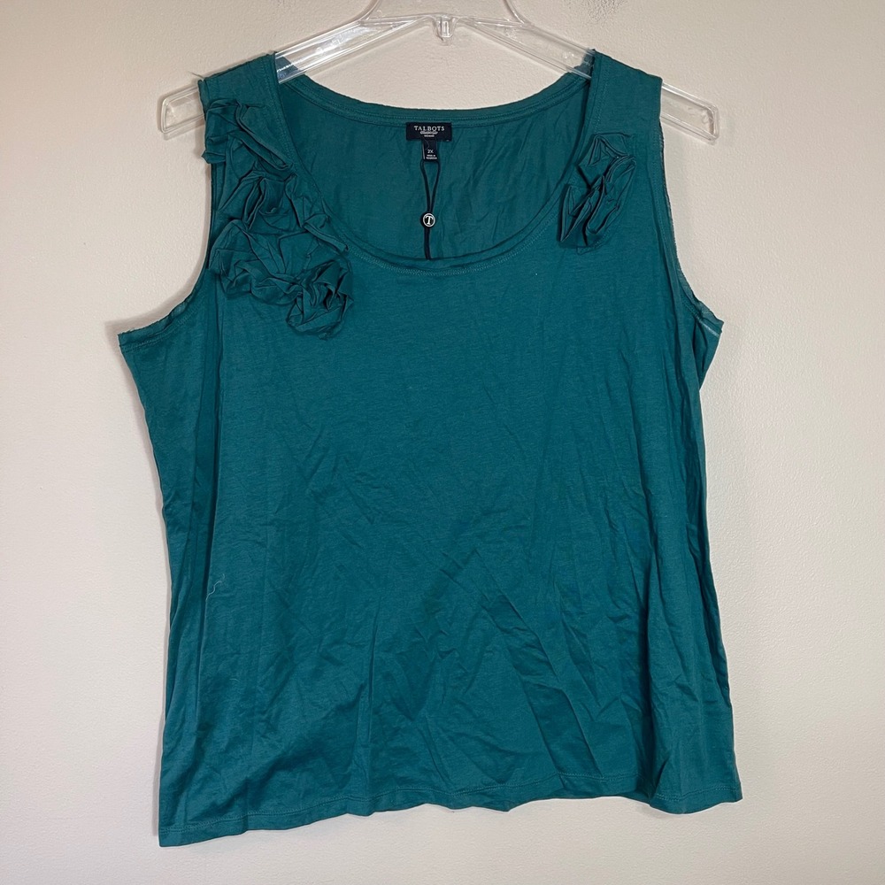 Talbots Teal Green Cotton Rosette Scoop Neck Sleeveless Top Plus Size 2X